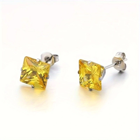 Pendientes de Botón de Circonia Cuadrados Acero Inoxidable de Titanio Corte Princesa Multicolor Incrustación de Cuatro Garras Joyería para Mujer
