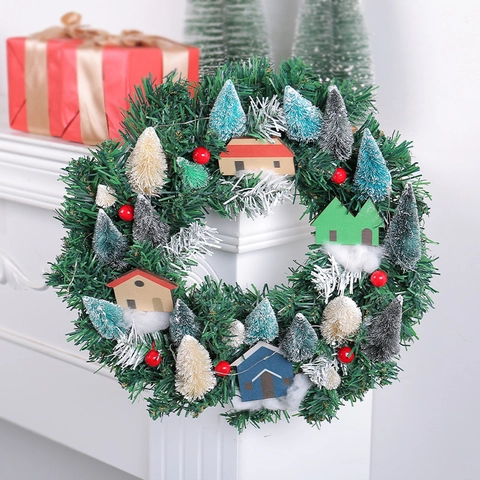 Christmas Wreath Artificial Pine With LED Lights Miniature Wooden Houses Red Berries Snowflake Decor Wall Hanging Holiday