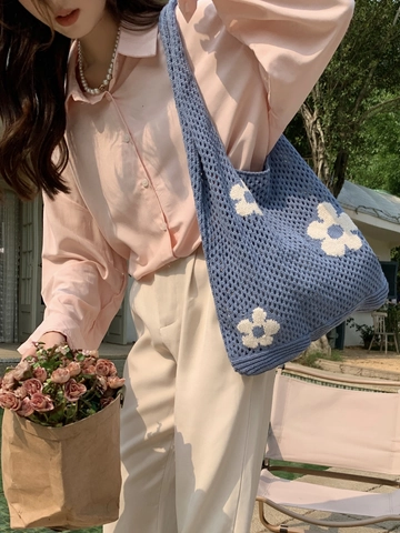 Strickhandtasche Mit Blumenmuster Gehäkelte Tragetasche Sommer Mesh Strand Schultertasche Große Kapazität Gewebte Handtasche Damen