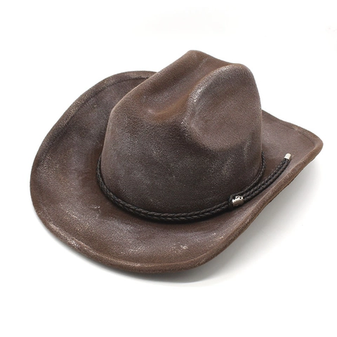 Vintage Western Cowboy Hat Woolen Wide Brim Distressed Jazz Fedora With Woven Band Metal Buckle For Men Women