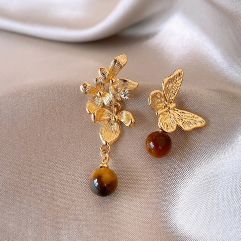 Boucles D'oreilles Pendantes Asymétriques Avec Pierre Oeil De Tigre Et Tige En Argent Alliage Fleur Papillon Style Rétro Élégant