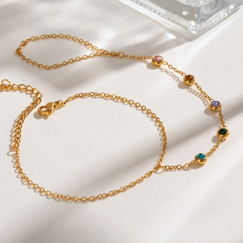 Stainless Steel Slave Bracelet For Women Colorful Round Zircon Hand Back Chain Finger Ring Bracelet Adjustable INS Style