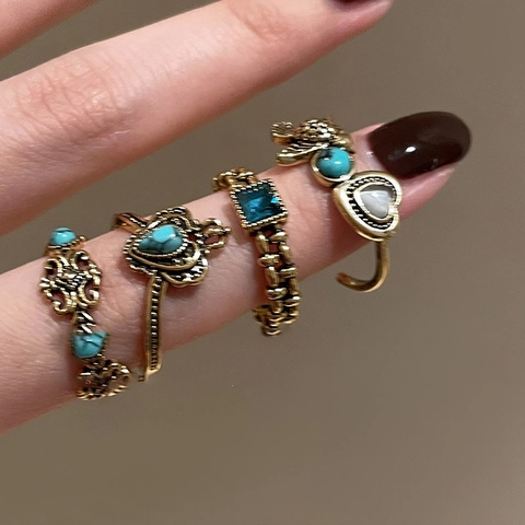 Vintage Open Adjustable Ring Copper Blue Square Stone Bohemian Ethnic Style Jewelry For Women