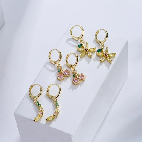 Ins Stijl Kleurrijke Zirkoon Bloem Kers Geometrische Oorringen Koper 18K Verguld Sieraden Voor Dames