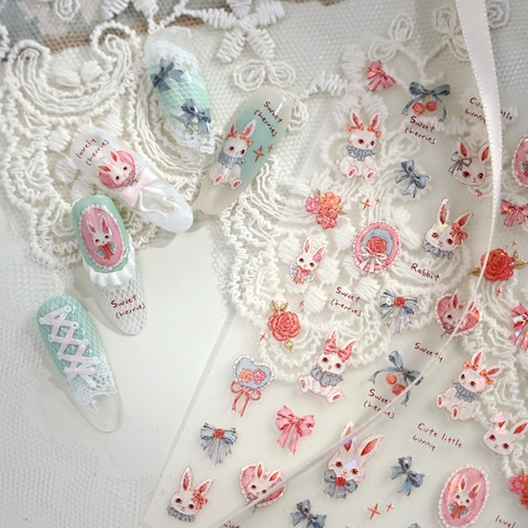 Adesivi Per Nail Art In Rilievo 5D Simpatico Coniglio Animato Ciliegia Fiocco Dolce Stile Lolita Brillante Decalcomanie