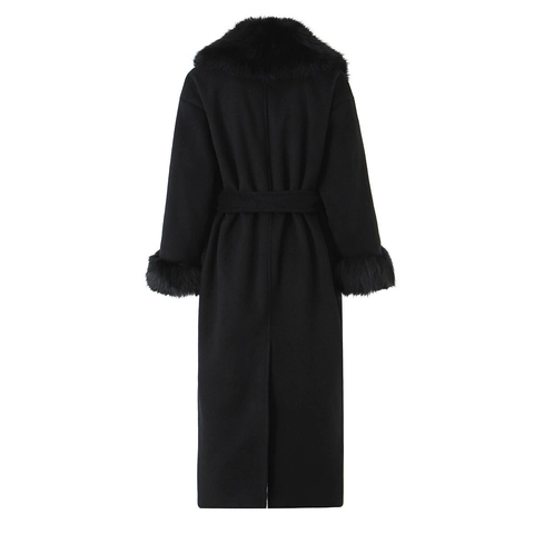 Damen Eleganter Langer Wollmantel Mit Kunstfellkragen Und Bündchen Gürtel Einreihig Winter Mode Freizeit Jacke