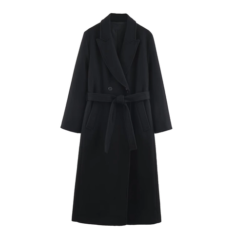 Lange Double Breasted Polyester Mix Jas Voor Dames Met Riem Revers Herfst Winter Bovenkleding