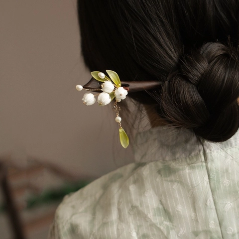 Pasador De Pelo Flor De Lirio De Los Valles Madera Aleación Resina Perla Artificial Borla Vintage Estilo Chino