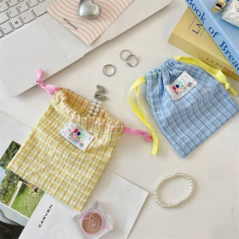 Sac À Cordon À Carreaux Pochette En Polyester Pour Rangement De Cosmétiques Bijoux Petits Objets Organisateur