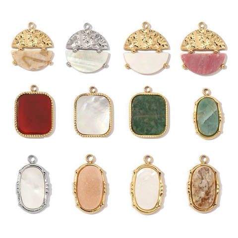 Boheemse Roestvrijstalen Hangers Natuursteen Schelp Ingelegd Geometrisch Voor DIY Sieraden Maken Gehamerd