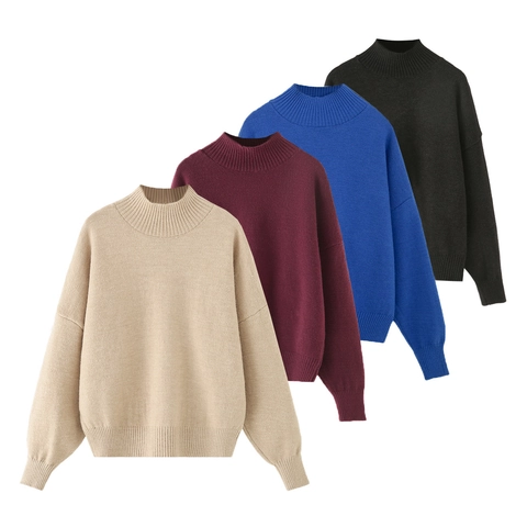 Women Mock Neck Knitted Sweater Long Sleeve Solid Color Loose Fit Casual Soft Warm Pullover Jumper