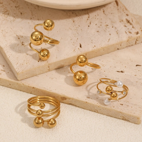 Geometric Ball Open Rings Stainless Steel 18K Gold Plated Niche Design Faux Artificial Pearl Rhinestone Non Fading Jewelry For Women