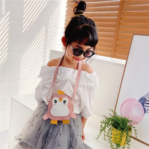 Cartoon Penguin Kids Crossbody Bag Cute PU Leather Shoulder Pouch Adjustable Strap Mini Messenger For Toddlers