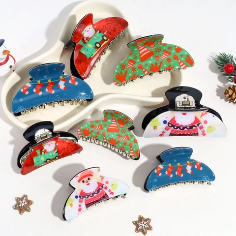 Christmas Hair Claw Plastic Acrylic Santa Claus Print Holiday Party Hair Clips For Women Girls Fashion Simple
