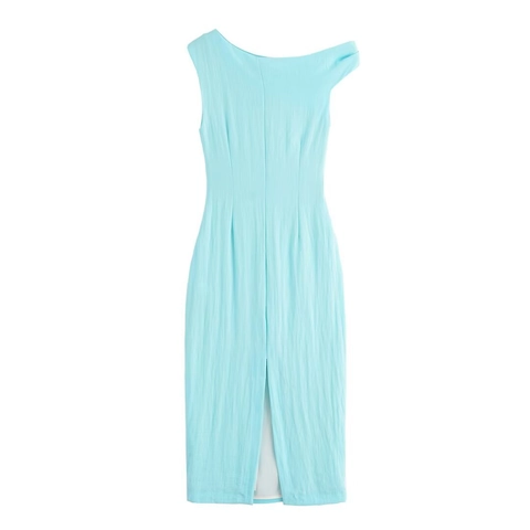 Damen Asymmetrisches Midi Kleid Schulter Texturierter Stoff Goldene Schnalle Ärmellos Elegant Formell Hellblau