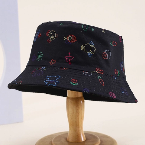 Kids Reversible Bucket Hat Polyester Cartoon Animal Print Sun Protection Breathable Outdoor Beach Sun Hat Boys Girls