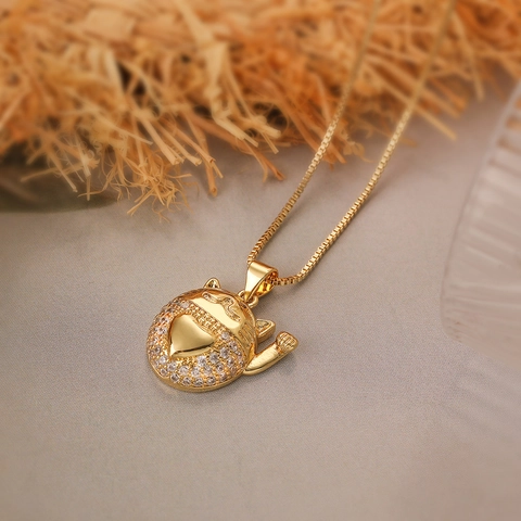 Collana Con Ciondolo Gatto Della Fortuna Rame Placcato Oro Zirconia Cubica Incastonata Animale Carino Maneki Neko Catena Clavicola Donna