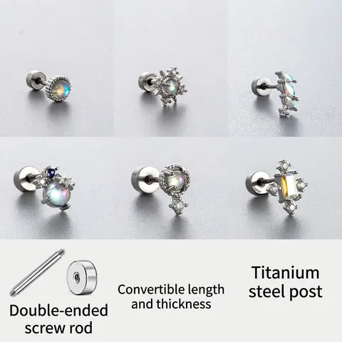 Titanium Steel Cartilage Earring Stud Rainbow Zircon Moonstone Screw Flat Back Piercing Jewelry For Women