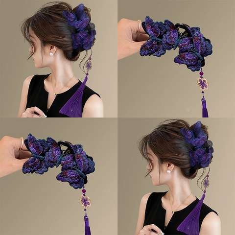 Pinza Para El Cabello De Mariposa Bordada Con Borlas Largas Tela Flor Shark Clip Accesorios Para El Cabello Estilo Chino Retro