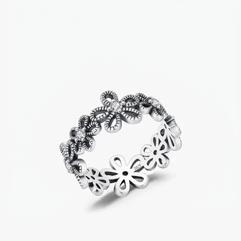 Vintage Daisy Flower Ring 925 Sterling Silver Cubic Zirconia Hollow Oxidized Finger Jewelry For Women