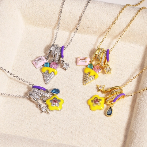 Enamel Copper Necklace With Multicolor Zircon Ice Cream Flower Star Pendant Sweet Dopamine Style Jewelry For Women