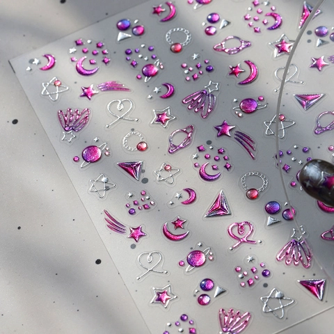 3D Metallic Relief Nail Art Stickers Celestial Star Moon Heart Planet Pattern Embossed Pink Purple Gradient DIY Manicure Decals