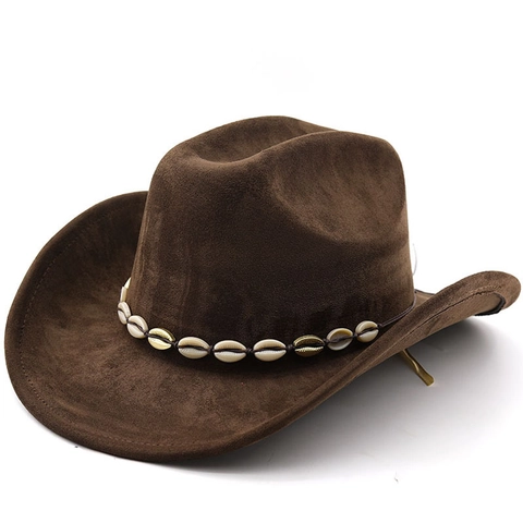 Cappello Da Cowboy Occidentale Scamosciato Decorazione Conchiglia Tesa Larga Stile Bohémien Etnico Vintage Fedora Per Uomo Donna