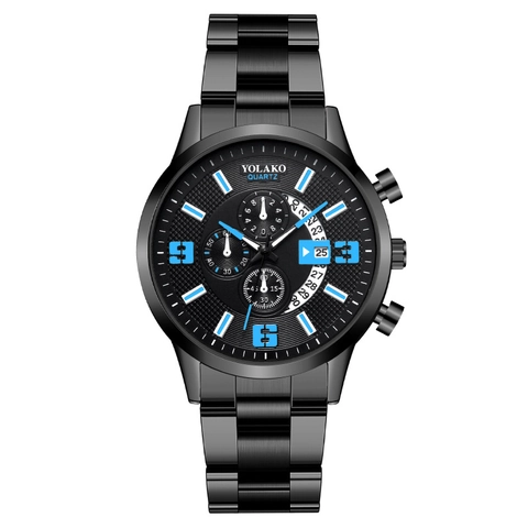 Yolako Men Quartz Watch Fashion Metal Strap Calendar Three Eye Design Business Sport Round Dial Analog Wristwatch For Men