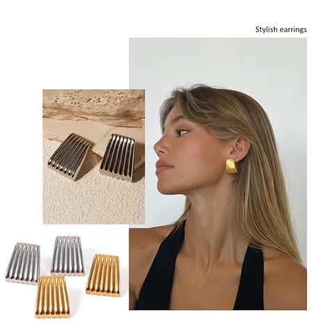 Ribbed Trapezoid Earrings With Stainless Steel Earring Post 18K Gold Plated Vertical Striped Geometric Jewelry For Women