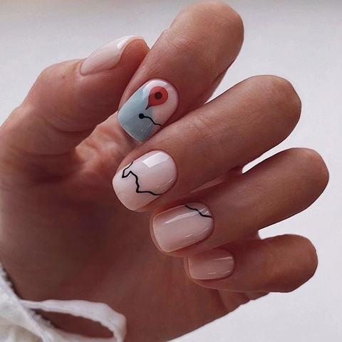 Press On Nails Map Location Pattern Short Square Wearable False Nails Nude Pink Cute Sweet Style For Women
