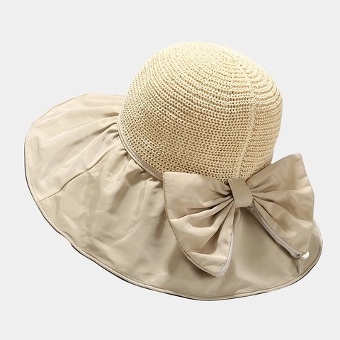 Cappello Da Sole Donna Pescatore E Borsa Paglia Intrecciata Tesa Larga Grande Fiocco Protezione UV Pieghevole Estate Spiaggia