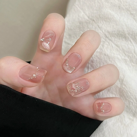 French Pink Cat Eye Press On Nails Elegant Gradient Design With Artificial Pearls And Rhinestones Gold Foil Ribbon For Women