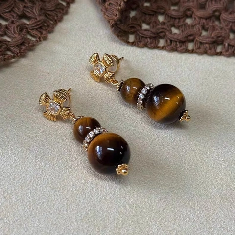 Tigerauge Anhänger Schmuck Halskette Ohrringe Legierung Zirkon Blume Mit Silbernem Ohrstecker Retro Chinesischer Stil Damen