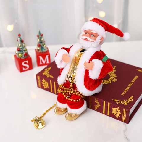Electric Climbing Santa Claus On Bead Chain Musical Figurine Christmas Ornament Festive Home Decoration Plush Plastic