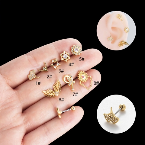 Pendientes De Botón Flor Estrella Corazón Acero Inoxidable Circón Piercing Cartílago Joyería Con Cierre De Rosca