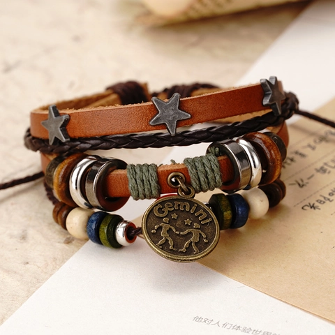 Multilayer Leather Bracelet Twelve Constellations Zodiac Retro Punk Style Alloy Rivet Wood Beads Adjustable Men Women