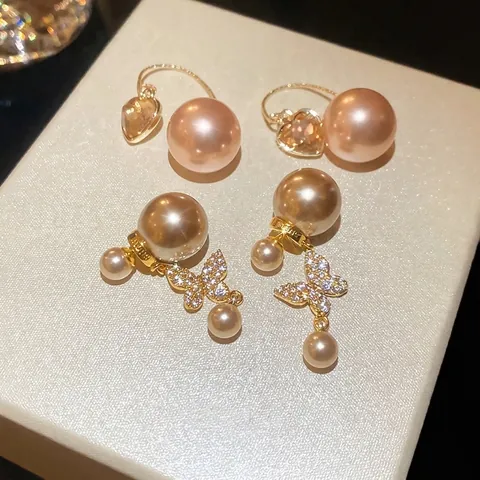Eleganti Orecchini Pendenti Vintage Francese Farfalla Cuore Perla Artificial Per Donna Lega Placcata Oro Con Perno In Argento