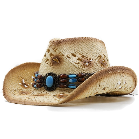Western Cowboy Straw Hat Hollow Wide Brim Retro Ethnic Beads Turquoise Sun Protection Summer Beach Vacation Unisex
