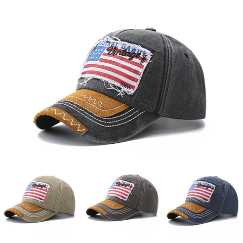 Vintage Washed Cotton Baseball Cap USA Flag Distressed Patchwork Brim Retro Adjustable Sun Hat For Men Women