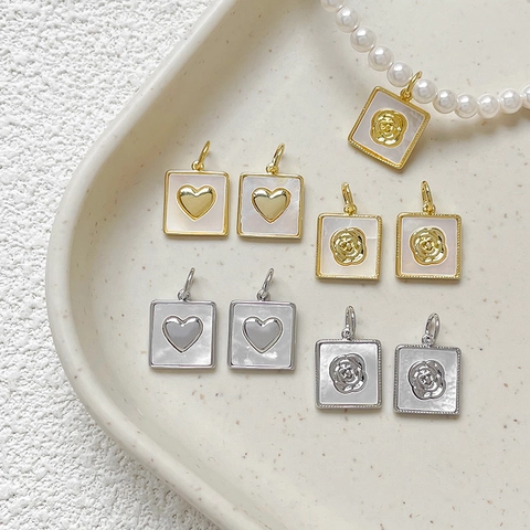 Pendentif Carré Nacre Coquille Inlay Cuivre Rose Cœur Fleur Charme Pour DIY Collier Bracelet Fabrication De Bijoux