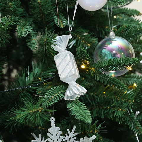 Ornamenti Appesi Per Albero Di Natale A Forma Di Caramella Trasparenti Bianchi Glitter Argento Plastica PS