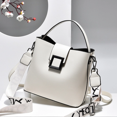 Bolso Cubo Mujer Cuero PU Patrón Lichi Hebilla Correa Ancha Desmontable Bolso De Mano Informal Asa Superior