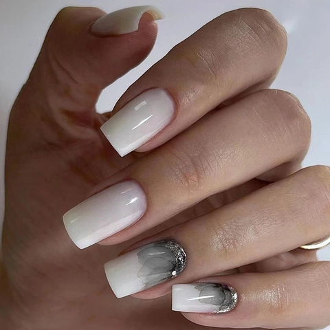 Ink Wash Flower Press On Nails Square Elegant Smudge Art False Nails With Glitter Accents For Women
