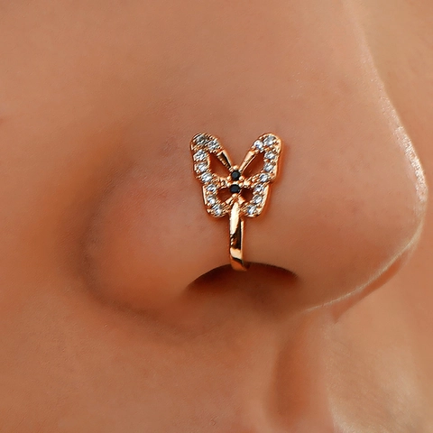 Butterfly Fake Nose Ring Copper Rhinestone Non Piercing U Shaped Clip On Nose Stud Jewelry For Women