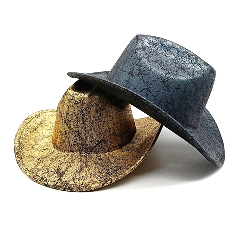 Cappello Da Cowboy Occidentale PU Metallico Texture Incrinata Retro Punk Tesa Larga Performance Scenica Festa