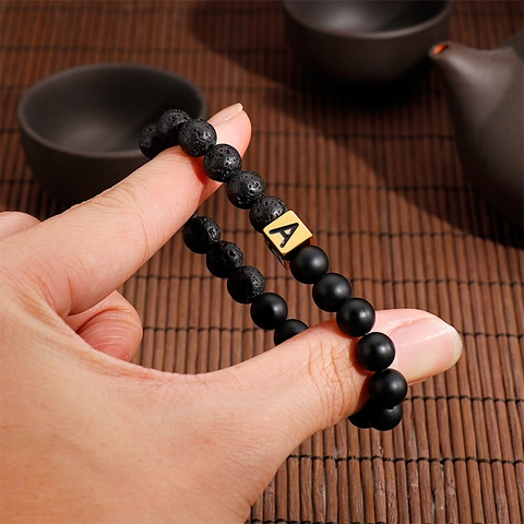 Cuboid Initial Letter Beaded Bracelet Lava Stone Matte Agate Stainless Steel Elastic Jewelry For Men Women Simple Punk Style