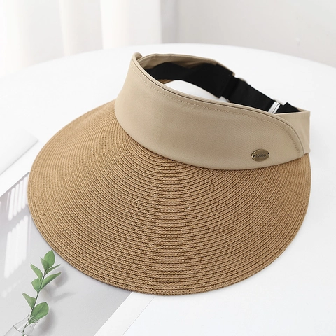 Women Straw Empty Top Sun Hat Wide Brim UV Protection Adjustable Summer Outdoor Beach Vacation Breathable
