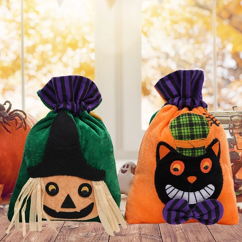 Halloween Drawstring Candy Bags Velvet Fabric Gift Pouches For Trick Or Treat Party Cartoon Witch Pumpkin Skeleton Cat