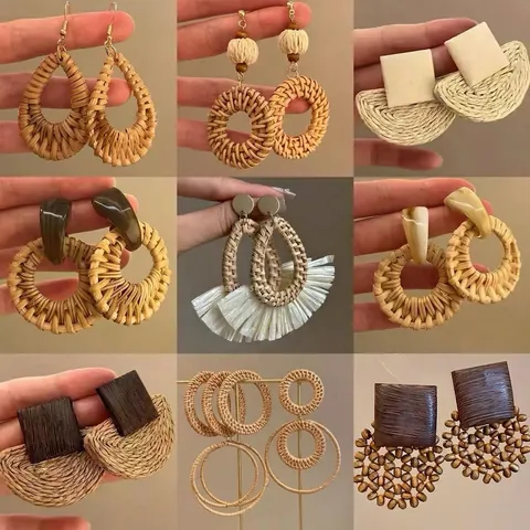Boho Handgewebte Rattan Ohrringe Mit Harz Holz Muschel Akzenten Und 925 Sterling Silber Ohrstecker Sommer Strand Urlaub