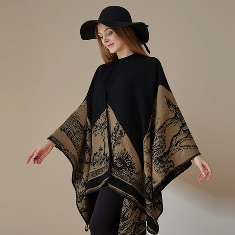 Damen Vintage Schal Cape Poncho Doppelseitig Dick Warm Kaschmirimitat Wendbare Umhüllung Oberbekleidung